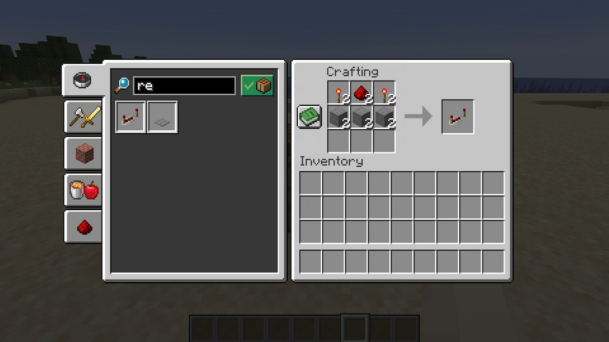 The crafting recipe for a Redstone Repeater