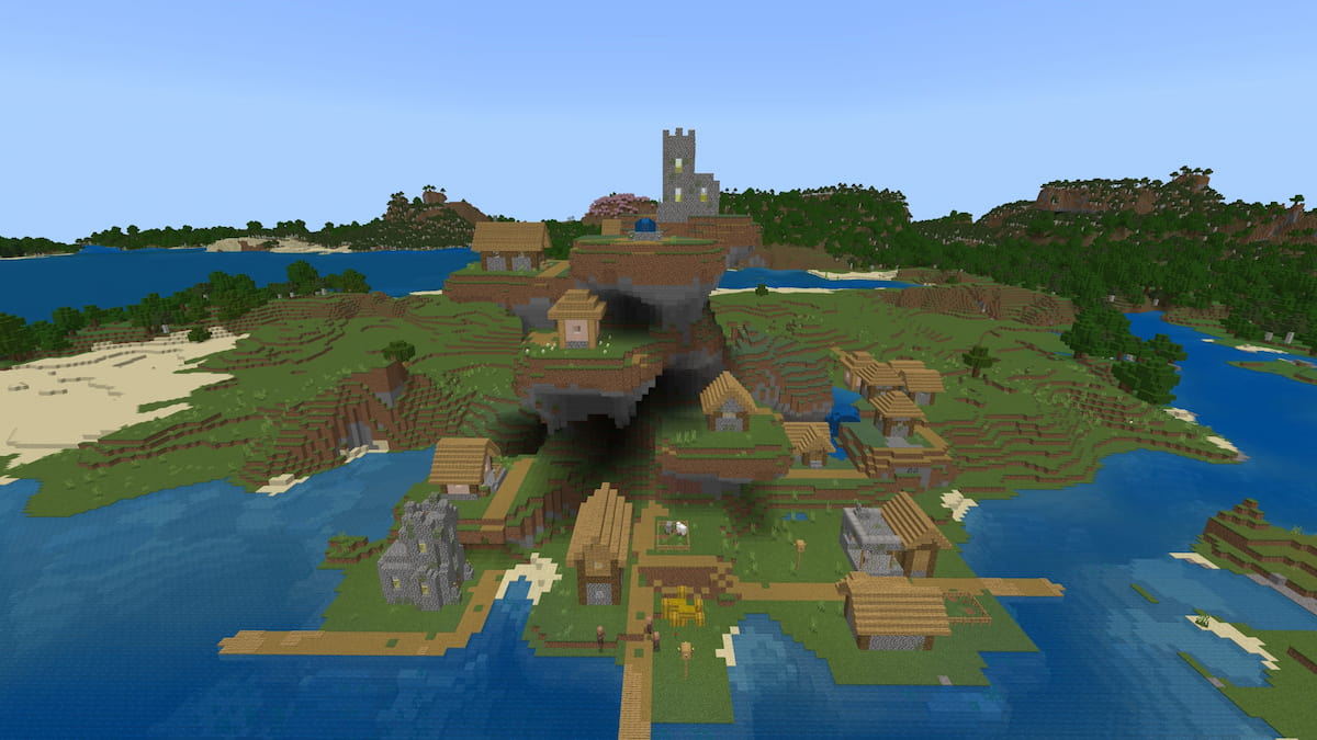 A Minecraft Plains Village stacked up on a hill