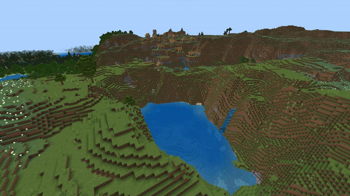 A Minecraft Meadow Mountain with a large lake and a watery Plains Village