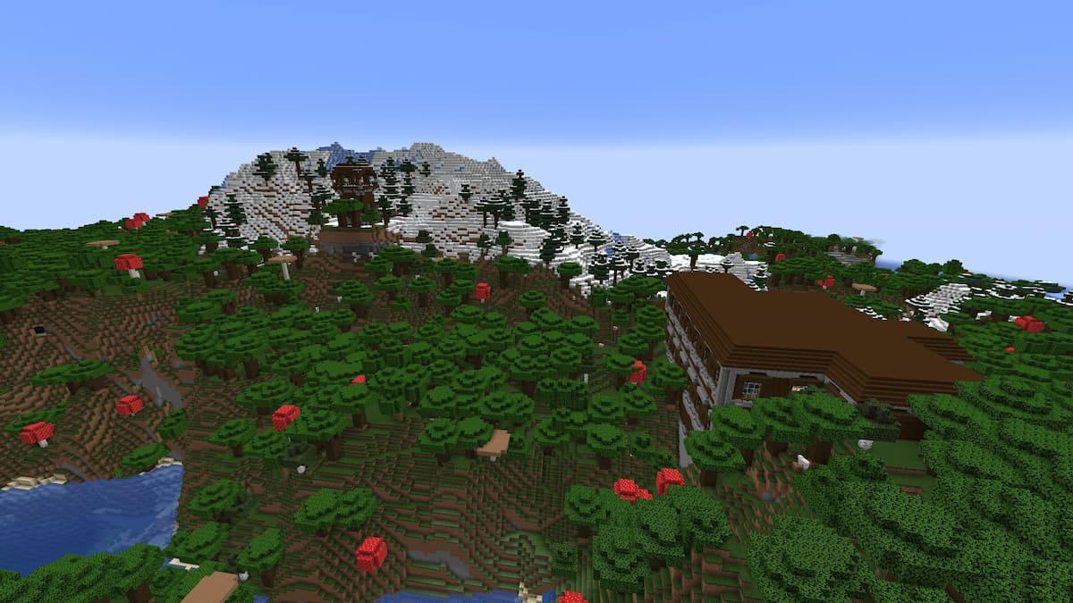 A Minecraft snowy mountain with a Woodland Mansion and a Pillager Outpost
