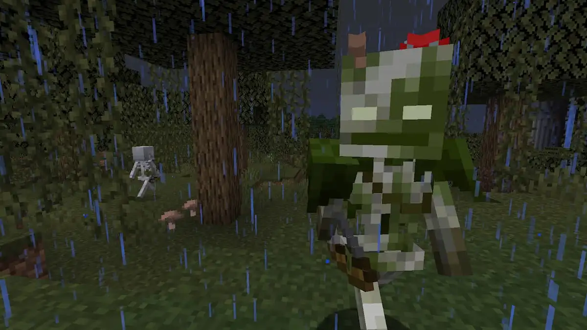 A naturally spawning Bogged mob in a Minecraft swamp