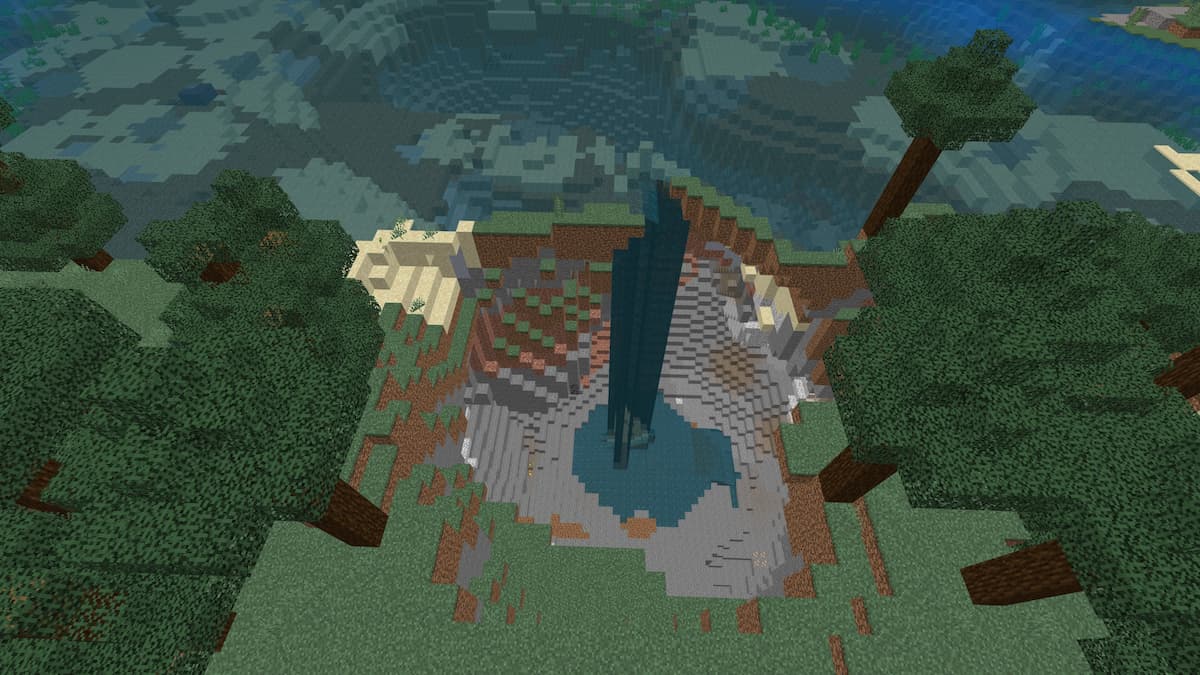 A large arena-shaped cavern beneath a Taiga Lake in Minecraft