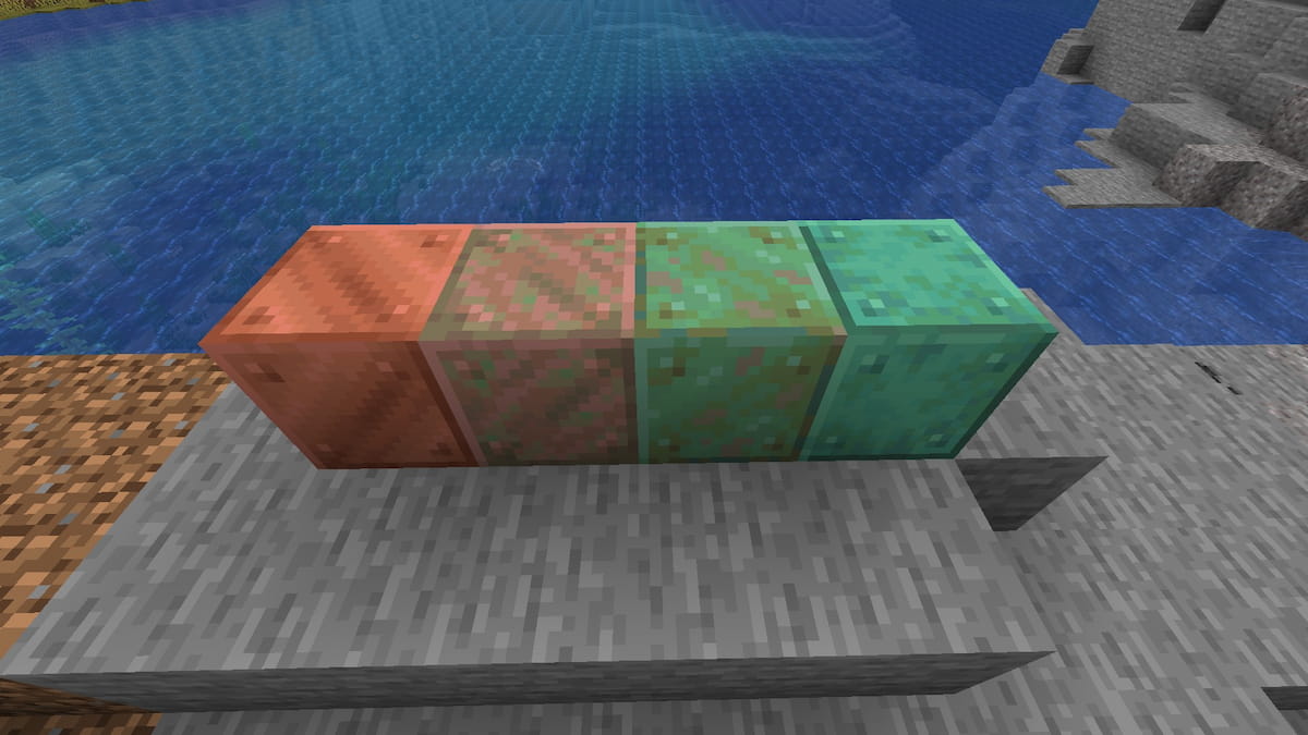 The four oxidation levels of copper blocks in Minecraft