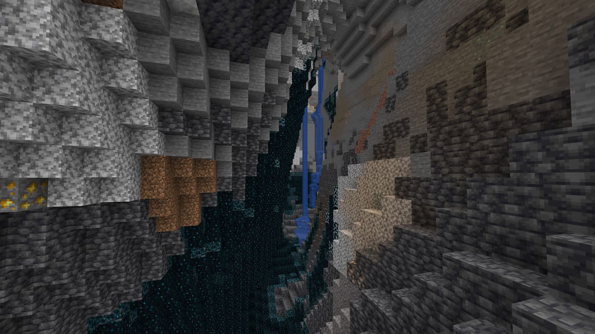 A Deep Dark biome hidden beneath an Icy Peaks biome in Minecraft