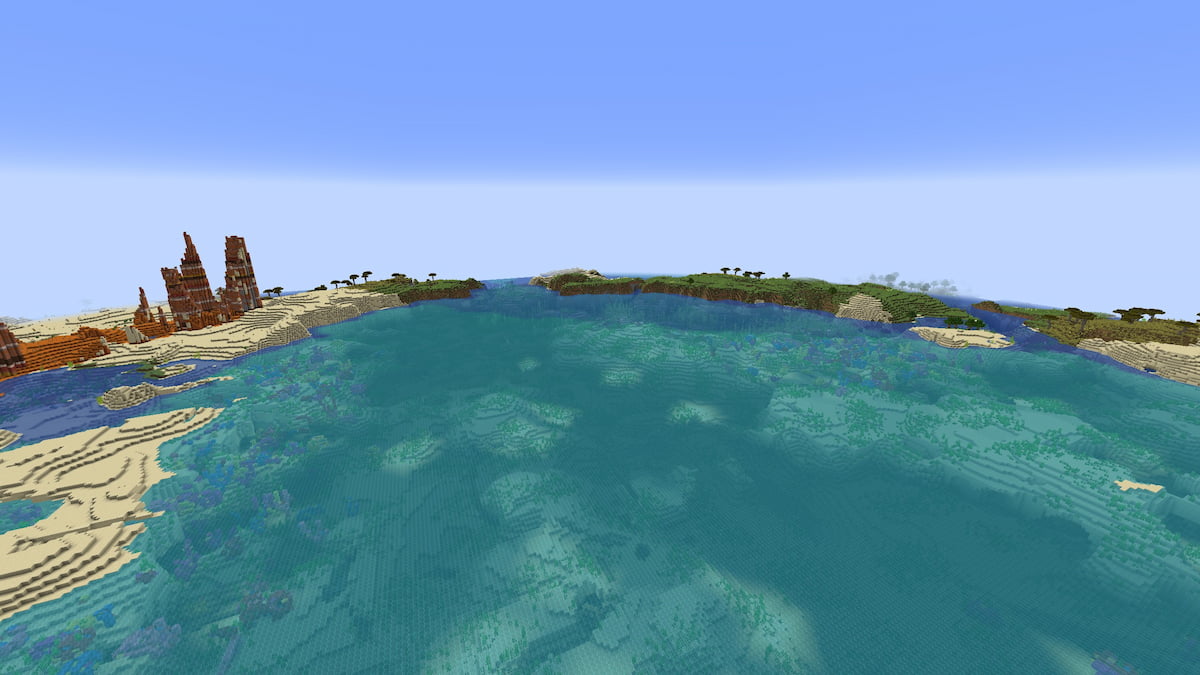 Savanna, Plains, Desert, and Badlands biomes in an ocean with kelp and coral