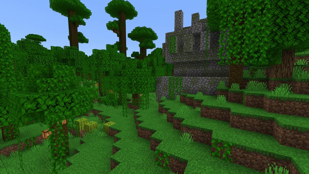 A Minecraft jungle with jungle temple, cocoa beans, pumpkin and watermelon