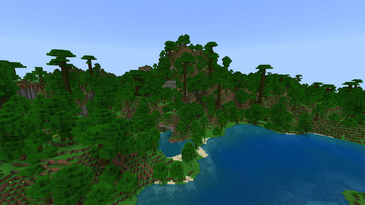 A Minecraft jungle temple on a jungle biome hill