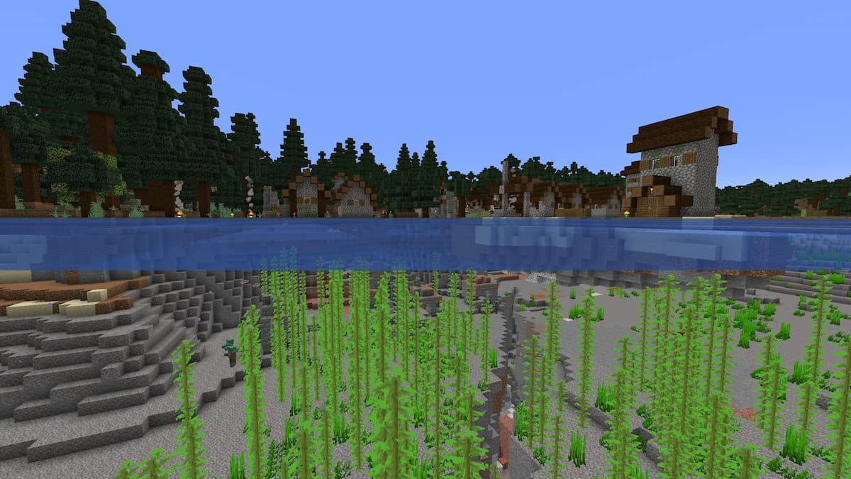 A set of Cold Ocean Ruins beneath a Taiga Village in Minecraft