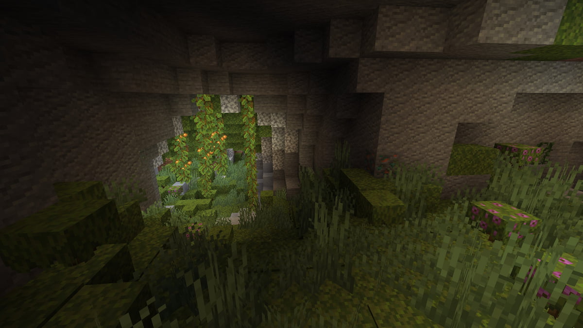 A Minecraft Lush Cave containing lots of smaller tunnels