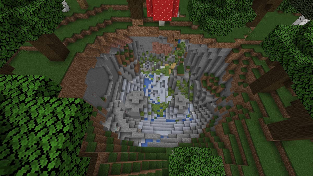 A giant Lush Crater dropping into a Lush Cave in a Minecraft Dark Forest