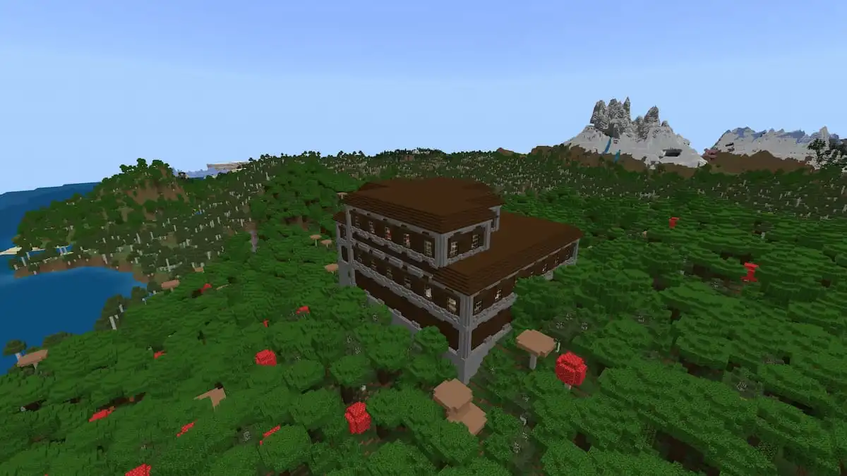 A Minecraft Woodland Mansion in a Dark Forest above an Ancient City with a Stony Peaks mountain in the background