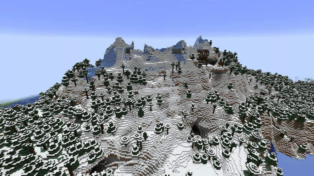 A Pillager Outpost on a Minecraft mountain