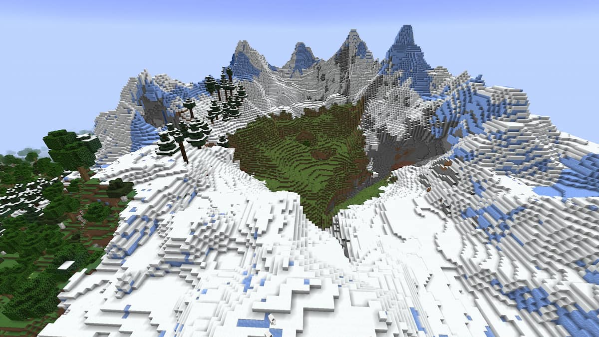 A Minecraft mountain with goats and a small grassy crater