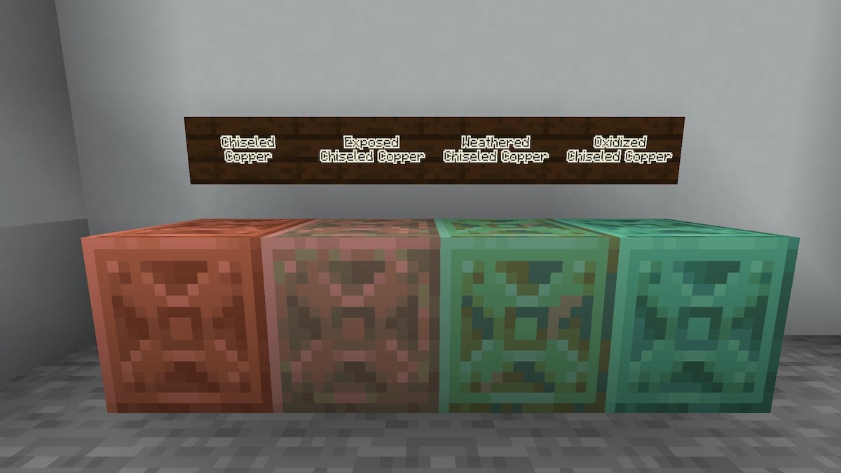 The four oxidation levels of Chiseled Copper blocks in Minecraft