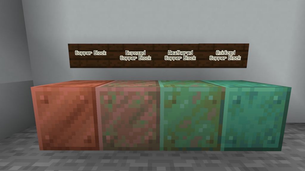The four oxidation levels of Copper Blocks in Minecraft