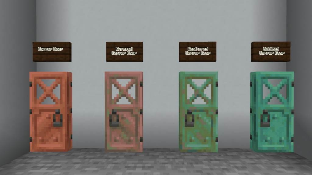 Every oxidation level on a Copper Door in Minecraft