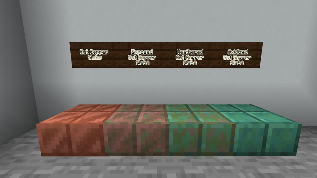 All four types of oxidized Cut Copper Slabs in Minecraft