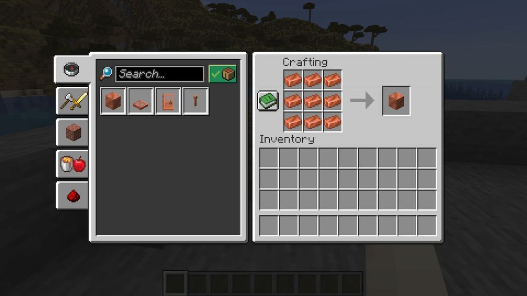 The crafting recipe for a Copper Block in Minecraft