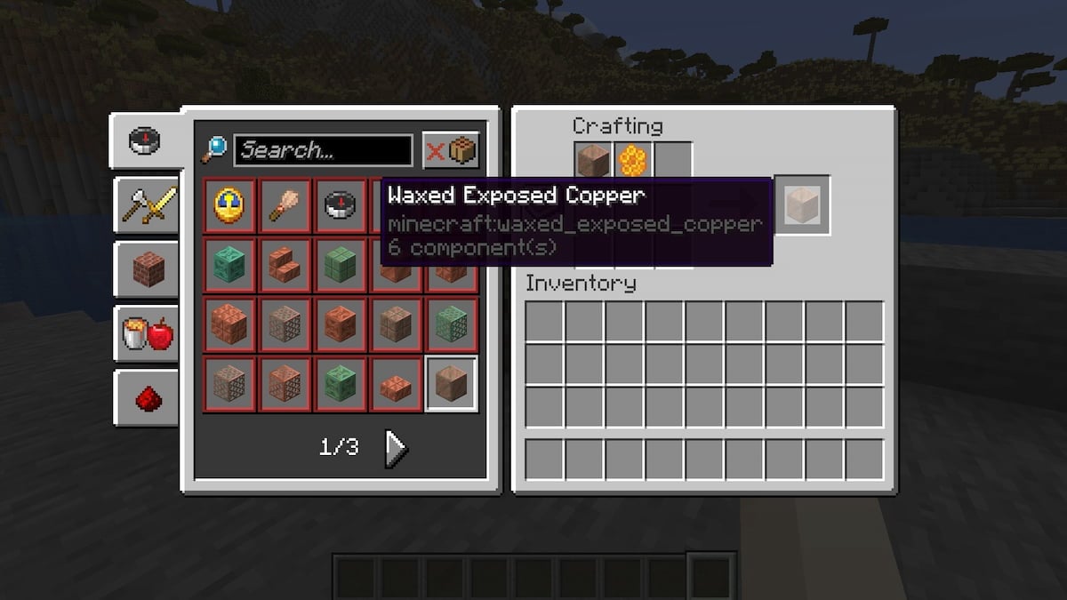 Using Honeycomb to wax a Copper Block on a Crafting Table