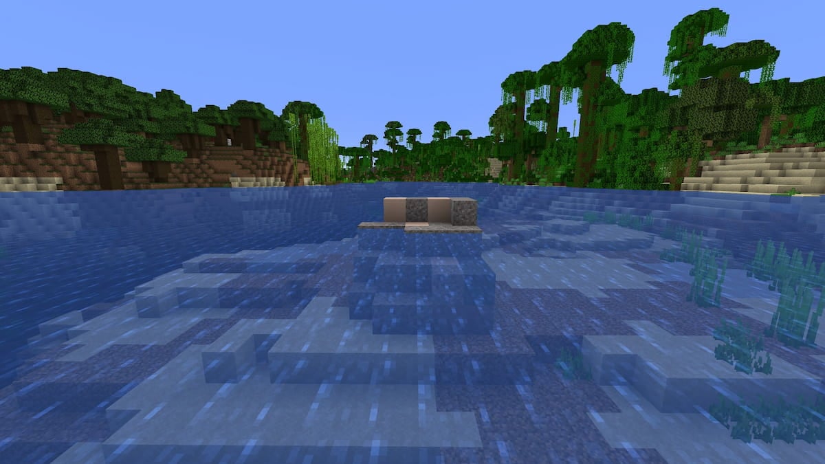 A set of Trail Ruins in the middle of a Minecraft ocean