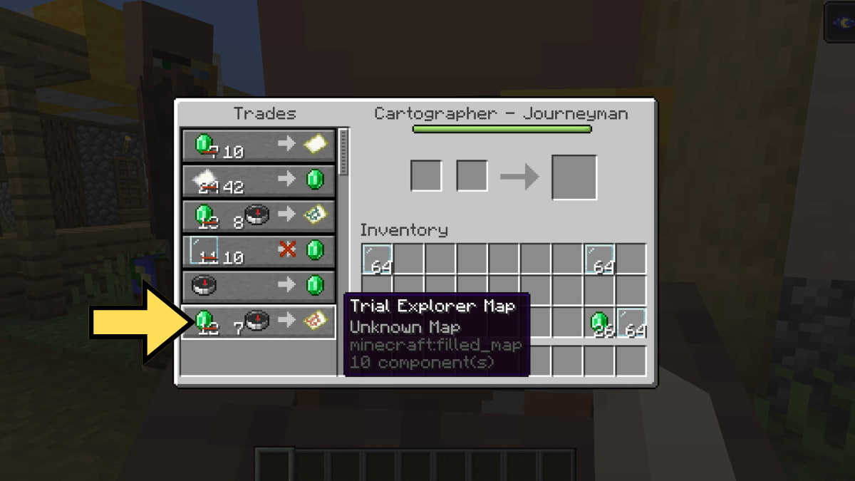 Purchasing a Trial Explorer Map from a Cartographer villager in Minecraft.