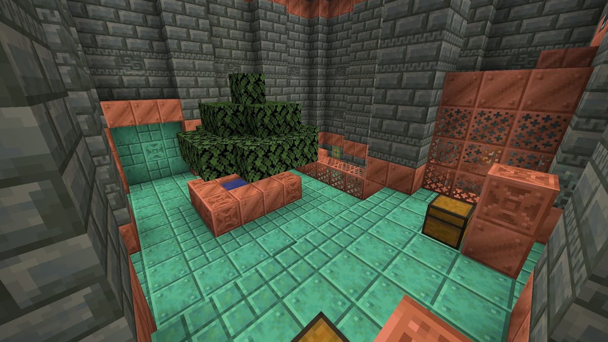 A safe Trial Chambers room containing a tree and no Trial Spawners