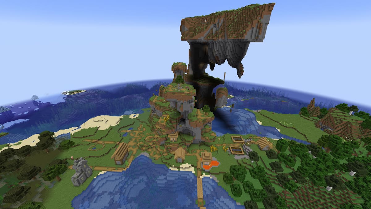 A tall, unbalanced cliff towering over a Plains Village with a lava pool