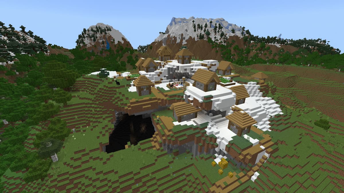 A Plains Village in a mound of snow next to a cave drop