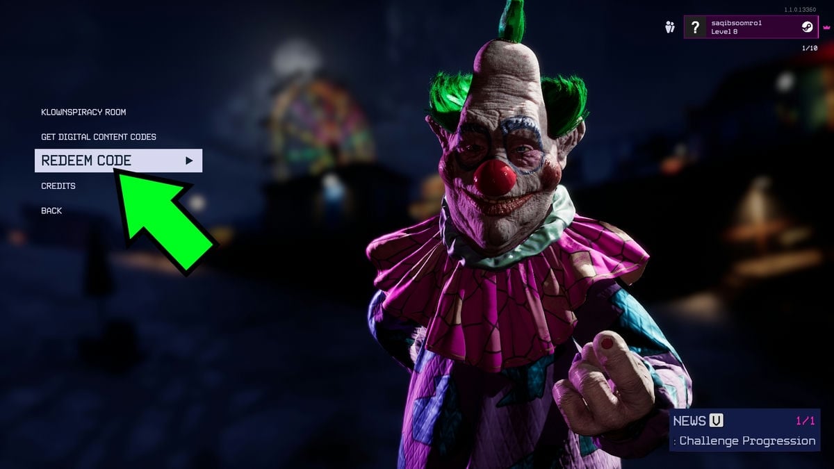 Klowns from Outer Space's code redemption option