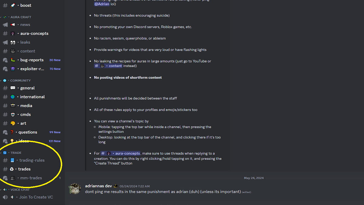 The Trading Sub Channel in Aura Craft Discord