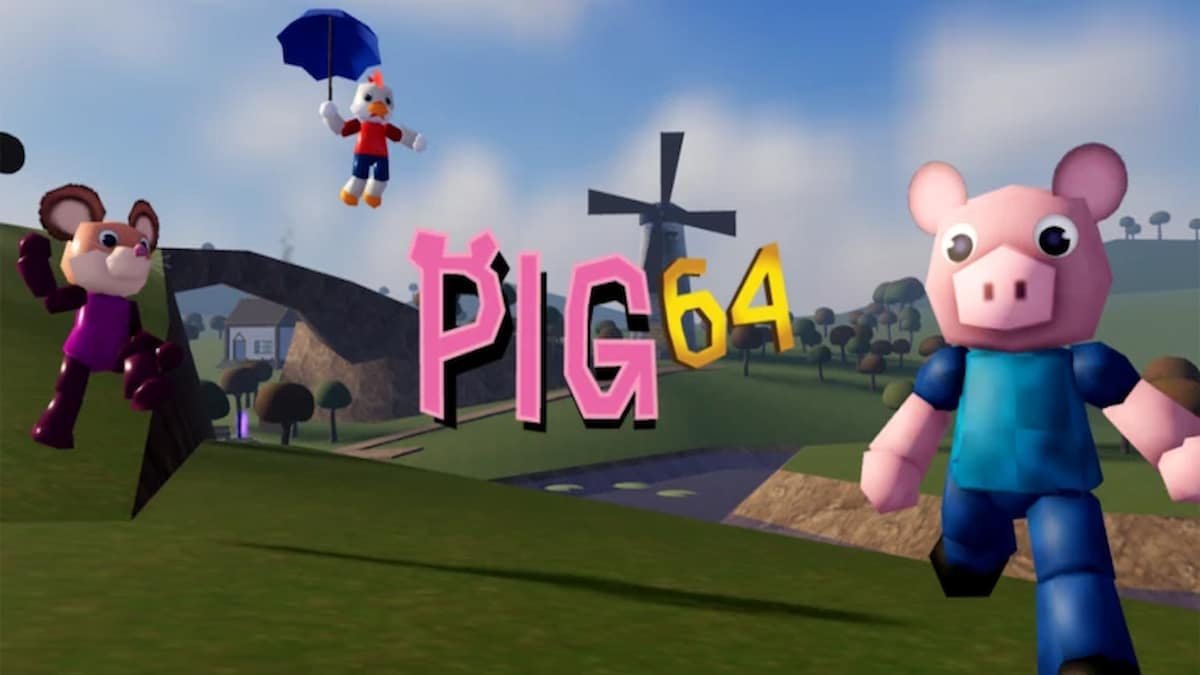 Running PIG and Mouse and flying Chicken in the frame with PIG 64 logo in the center