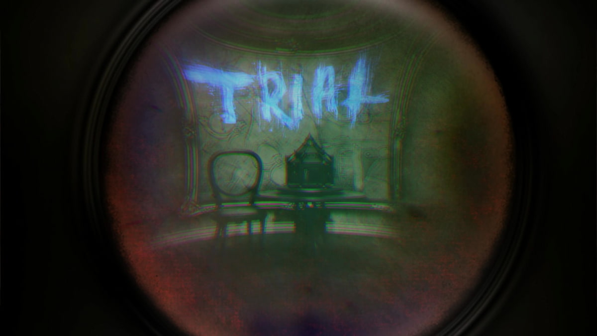 Looking through the eyeglass to find the word Trial in the film machine in The Room Chapter 2