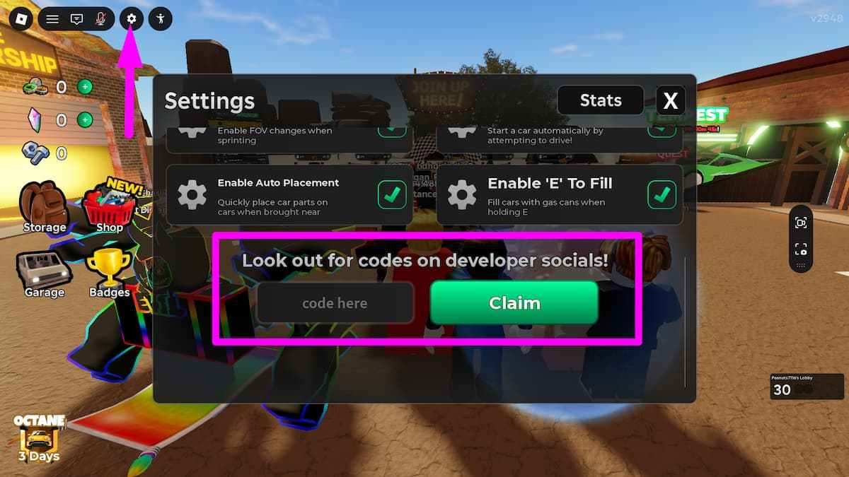 How to redeem codes in A Dusty Trip Settings menu