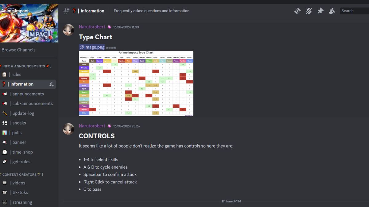 Anime Impact Discord information channel on 