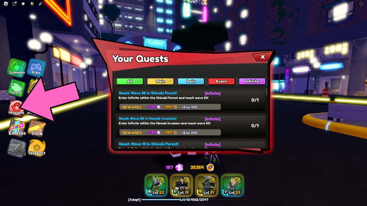 Anime Impact Missions screen with quest list