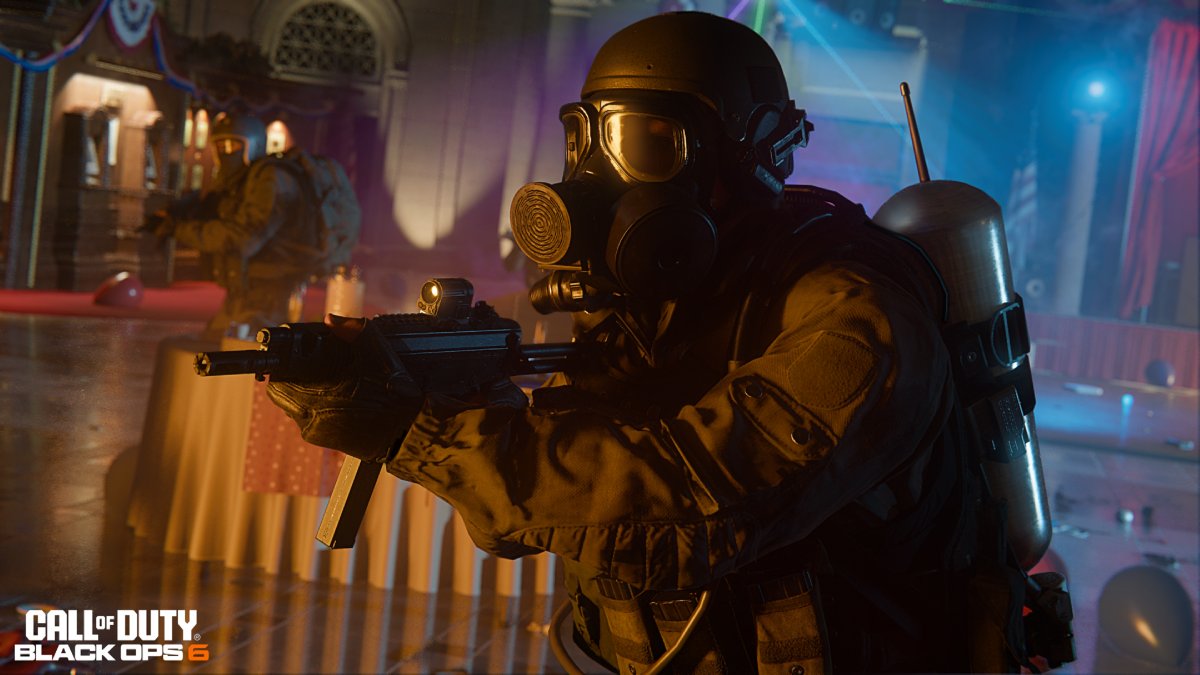 An operator wearing a gas mask while carrying a weapon in Black Ops 6