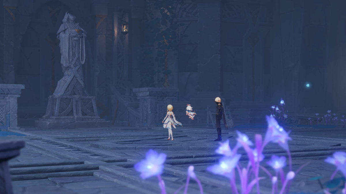 Genshin Impact Dainsleif, Lumine, Paimon, inside a domain