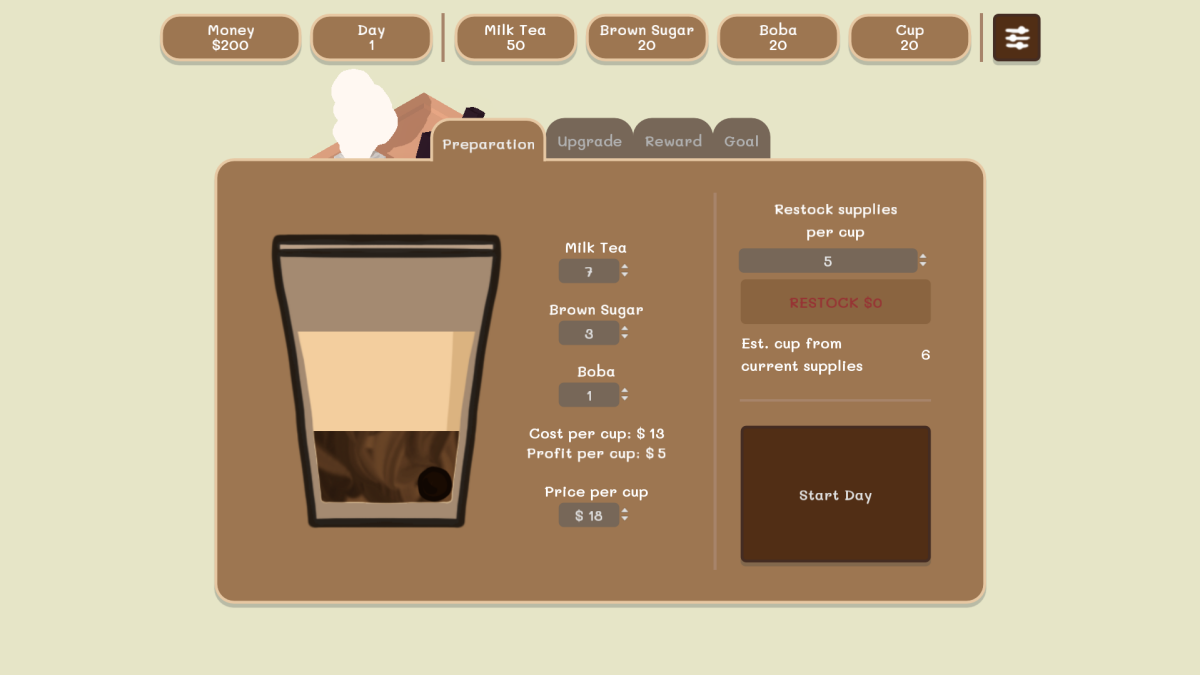 The preparation menu of Boba Simulator with a cup that displays the recipe