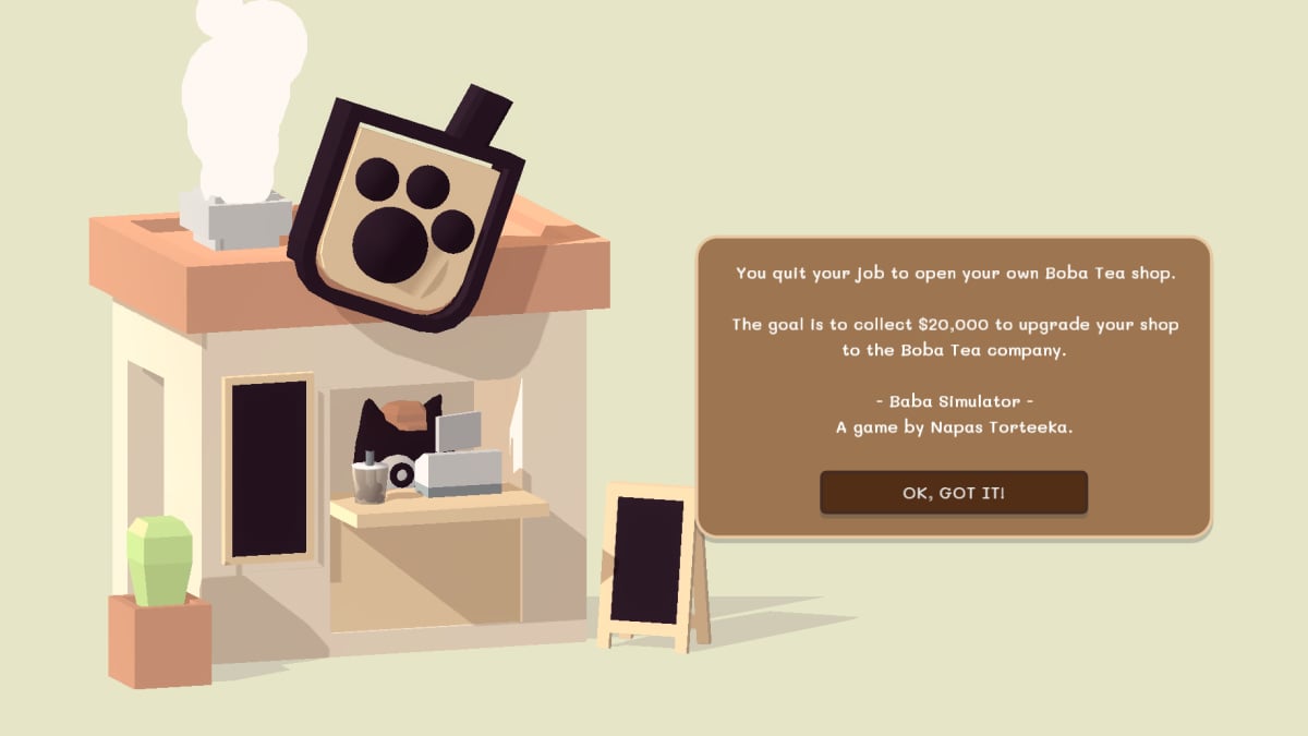 The title screen of Boba Simulator, featuring a black cat inside a boba tea shop