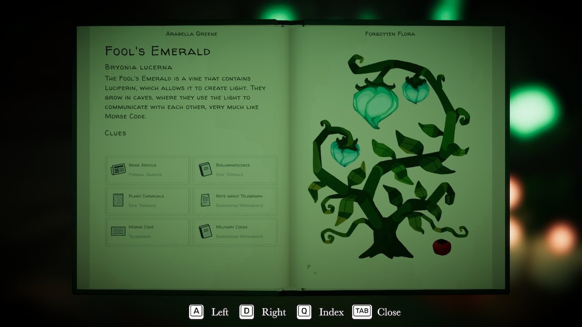 Fool's Emerald page clues in Botany Manor. 
