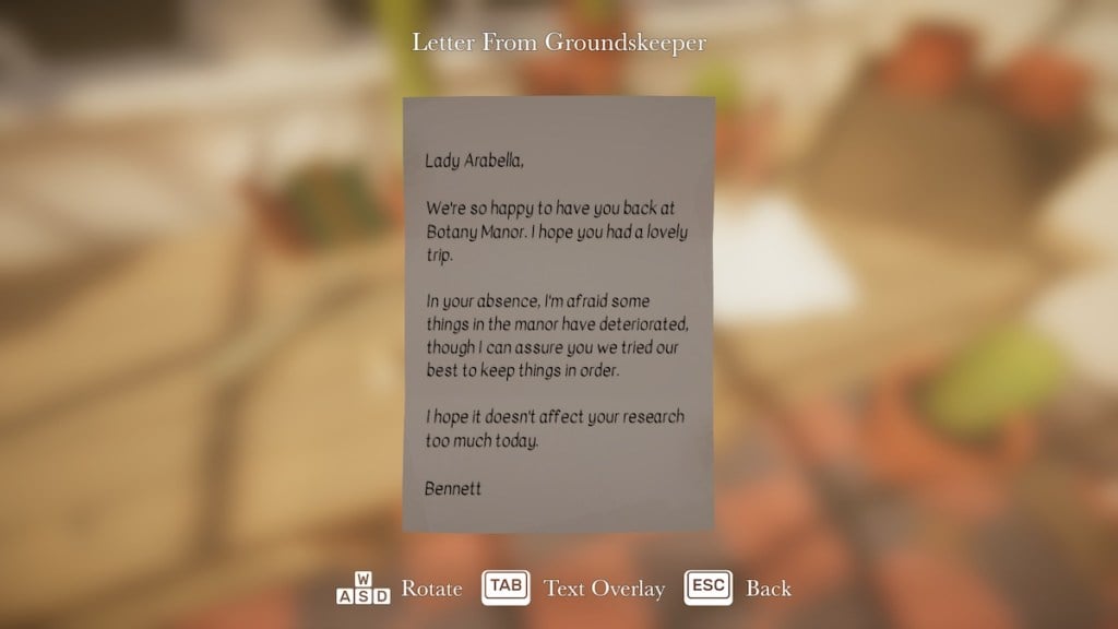Letter from groundskeeper in Botany Manor. 
