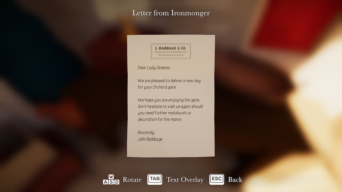 Letter from ironmonger in Botany Manor. 