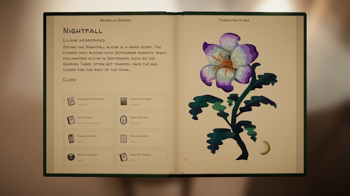 Nightfall page clues in Botany Manor. 