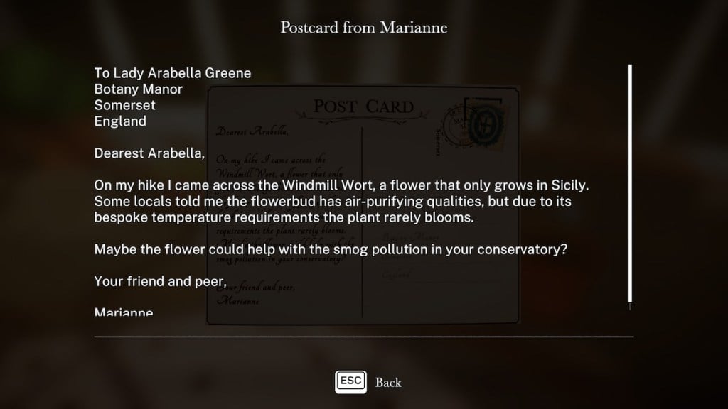 Postcard text in Botany Manor. 