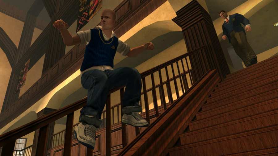 Bully Jimmy sliding down handrail
