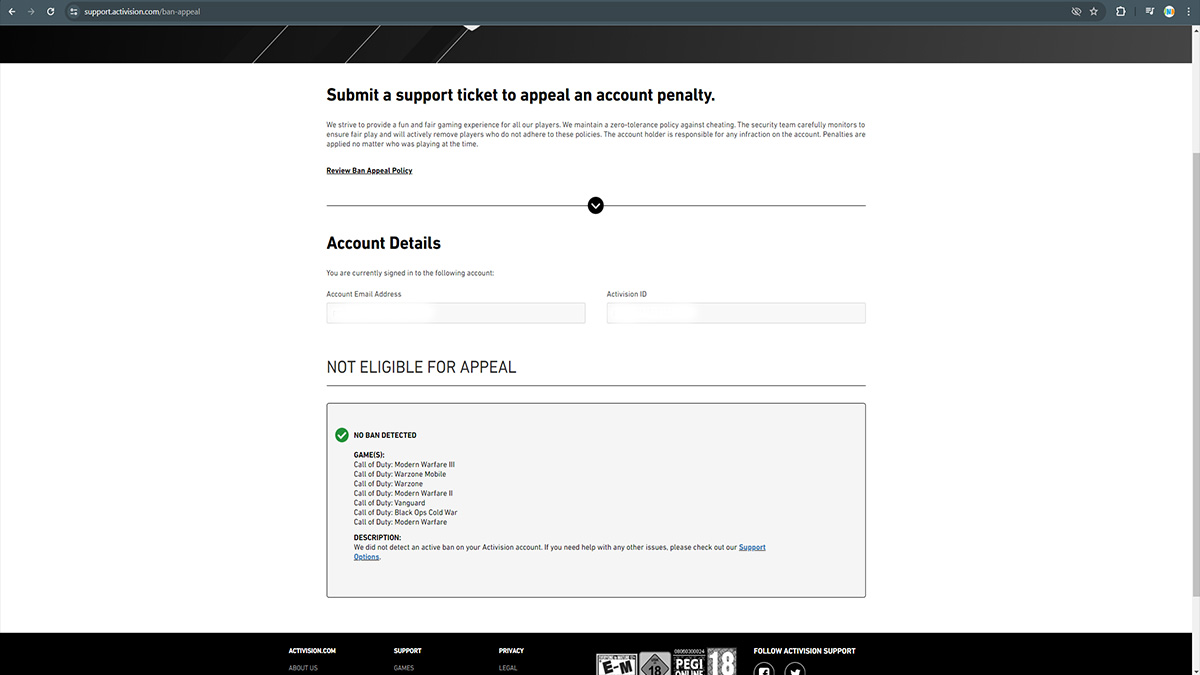 Activision ban appeal website