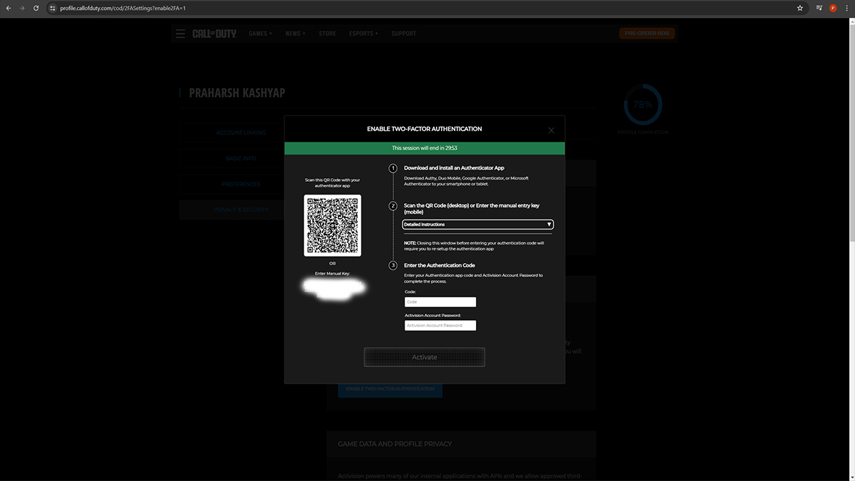 Call of Duty two-factor authentication account activation