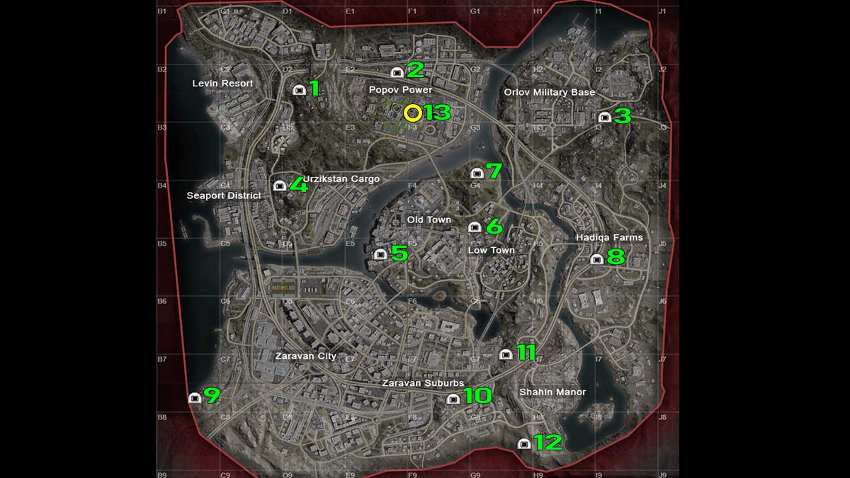 CoD Warzone map with all bunker locations