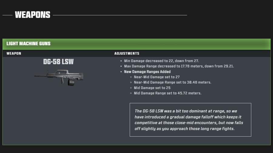 DG-58 MSW LMG weapon adjustment from patch notes