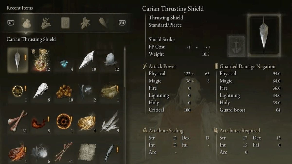 Carian Thrusting Shield stats in inventory in Elden Ring Shadow of Erdtree 